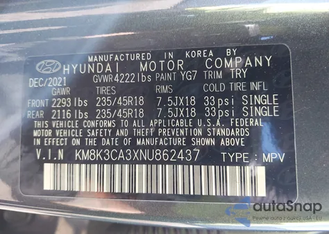 2022 Hyundai Kona N Line из США, поврежденный, VIN KM8K3CA3XNU862437